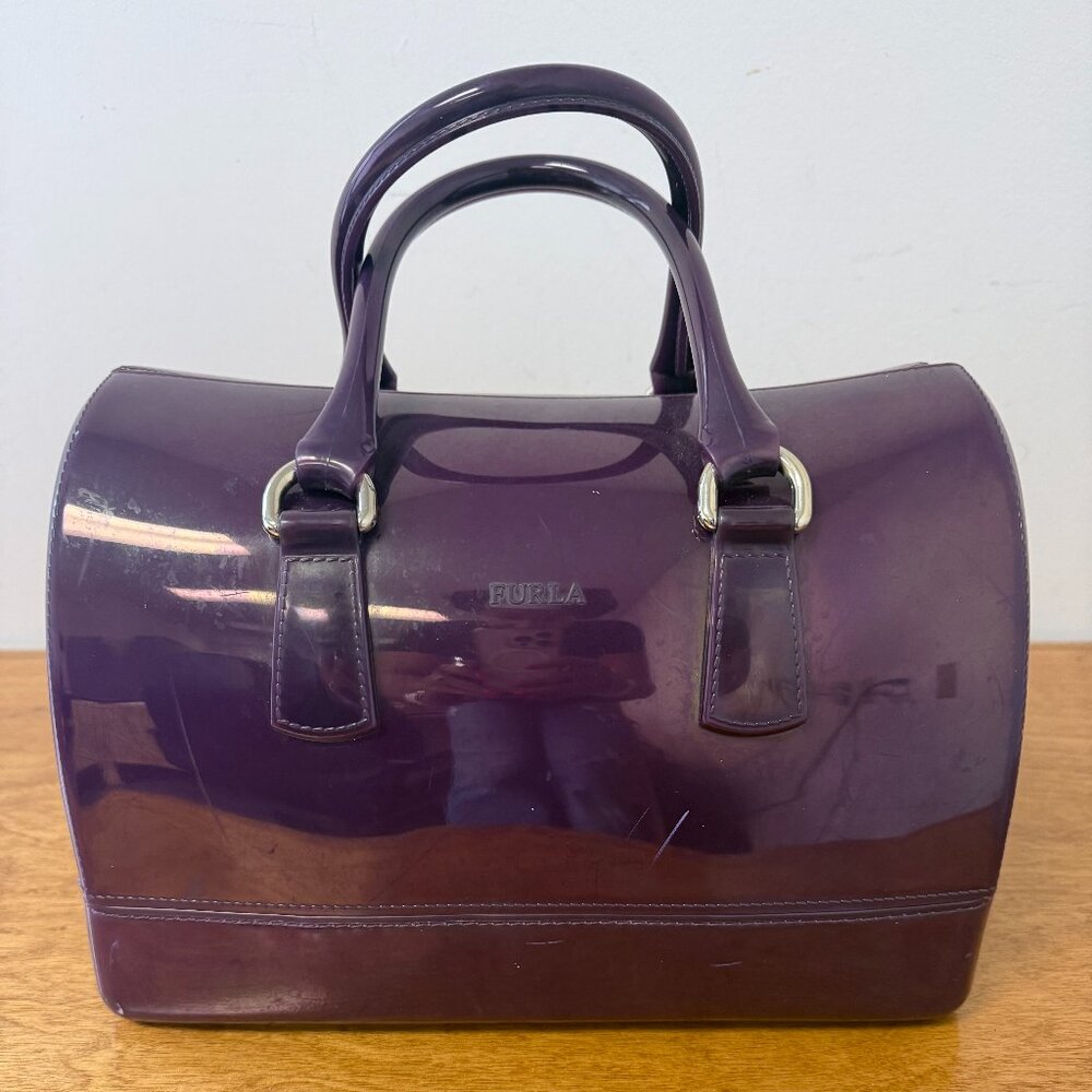 Furla Purple Jelly Satchel Handbag PVC Glossy Top Handle Designer Purse